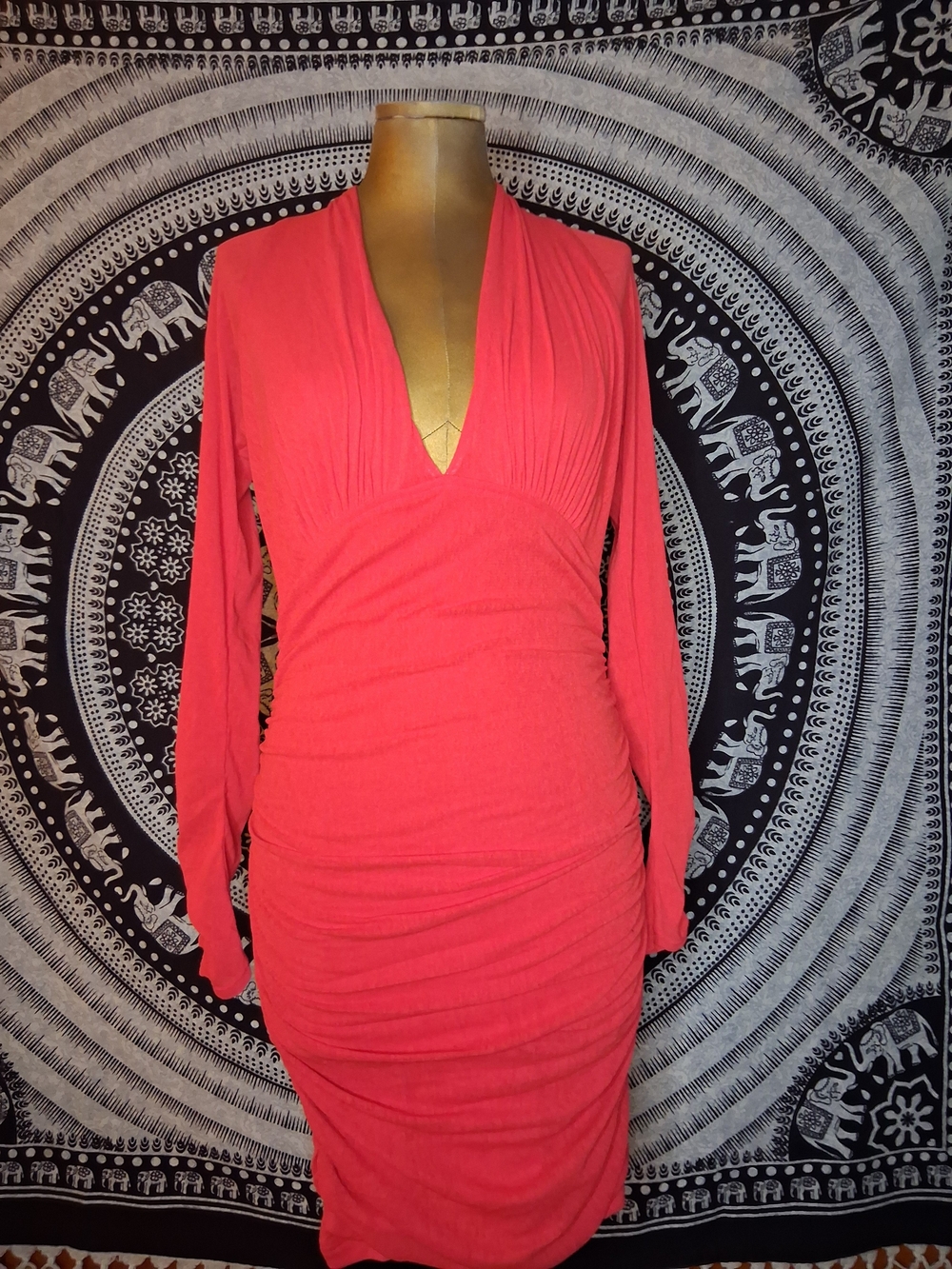 Anthropologie V-Neck Ruched Mesh Midi Dress Red Orange Long Sleeve NWT Small S